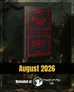 A dark, ornate book titled "Keeper Tips" is prominently displayed, featuring intricate red designs and the "Call of Cthulhu" logo. The background is blurred, hinting at a mysterious and atmospheric setting. Below the book, bold text reads "August 2026," with a note indicating it was revealed at Chaosium Con UK, accompanied by a logo featuring a dragon and a shield.