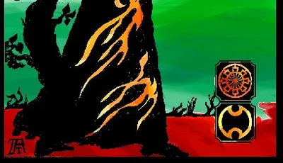 A silhouetted figure, possibly a mage, stands with arms raised against a vibrant gradient background of green and yellow. The figure is adorned with flowing robes featuring flame-like designs, and a dragon-like creature spirals above. In the lower right corner, there are two symbols, one circular and one resembling a stylized flame, adding to the mystical theme.