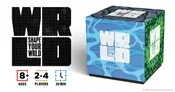 Black and white text reads "WRLD" and "SHAPE YOUR WRLD." Below, icons show "8+ AGES," "2-4 PLAYERS," and "20 MIN." Part of a blue and white cube with geometric patterns is visible on the right.