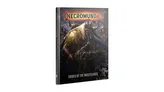 A book titled "Necromunda: Tribes of the Wastelands" features a striking cover illustration of a heavily armored nomad warrior wielding a weapon, set against a dark, atmospheric background with hints of other figures. The warrior is adorned with rugged clothing and a distinctive mask, emphasizing the harsh environment of the Ash Wastes. The title is prominently displayed at the top, with additional graphic elements enhancing the overall design.