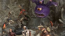 A collection of fantasy miniatures features several lizardmen, one wielding a shield and weapon, and another with a torch, set against a rocky backdrop. In the background, a large, purple creature with multiple eyes and a menacing expression looms, adding to the scene's fantastical atmosphere. A female character in dark robes stands nearby, while other figures in armor are partially visible, enhancing the sense of adventure.