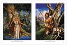 Two illustrations by Clyde Caldwell are displayed side by side. On the left, titled "A Princess in Peril," a woman in a flowing white dress stands near a tree, surrounded by mystical creatures and a serene forest backdrop. On the right, titled "Altarion," a warrior woman in a brown outfit holds a bow, with a small creature at her feet, set against a vibrant blue sky and lush greenery. Both pieces showcase Caldwell's detailed and dynamic art style.