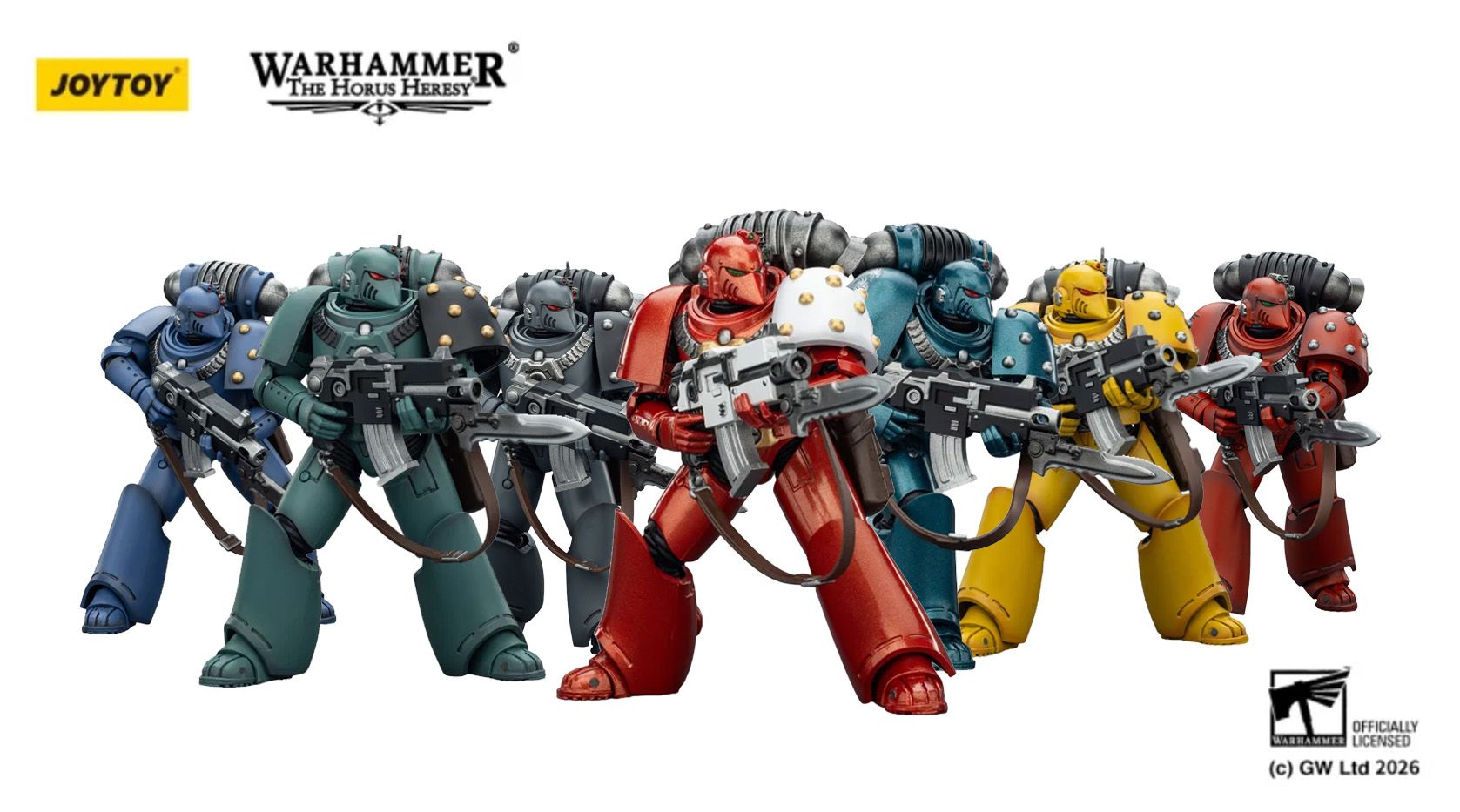 A group of six tactical space marine action figures stands in a dynamic pose, showcasing a variety of colors and chapter insignias. The marines are clad in the original mark of armor, with distinct color schemes representing the Imperial Fists, Ultramarines, Blood Angels, Space Wolves, and traitorous factions like the Sons of Horus and Alpha Legion. Each figure is equipped with weapons, including bolt guns and pistols, and features detailed articulation, emphasizing their readiness for battle.