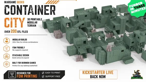 3D-rendered tabletop terrain set labeled "CONTAINER CITY." The scene depicts a modular sci-fi industrial complex composed of multiple green shipping container-style buildings of varying sizes. Some containers have open doors, windows, or ladders attached. Several containers are stacked or arranged to form multi-level structures with connecting walkways and platforms.

In the foreground, there are crates, barrels, and cylindrical containers grouped together. Some crates are wrapped in netting. A few small figures resembling miniature people are positioned near buildings and walkways. The terrain is set on a flat, white base representing a snowy or icy surface.

Visible text in the image includes:
- "CONTAINER CITY"
- "EASY TO PRINT"
- "SUPPORT FREE"
- "KICKSTARTER LIVE BACK NOW"