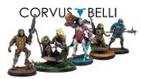 Five intricately designed miniatures are displayed against the Corvus Belli logo. From left to right, a futuristic soldier in yellow and black armor stands with a rifle, followed by a green-skinned character with a weapon, a central figure in sleek armor wielding a large gun and glowing sword, a character in tactical gear with a mask, and a soldier in blue armor holding a spear. Each miniature showcases detailed features and dynamic poses, highlighting their unique designs and roles within the game universe.