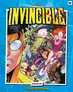Large, bold, yellow and red comic-style title at the top reading "INVINCIBLE." The cover depicts a dynamic scene with multiple characters in a chaotic battle.

On the left, a muscular man with brown hair, wearing an orange and blue costume, has his fist raised, with a glowing blue energy effect around it. In the center, a monstrous green creature with sharp teeth and multiple eyes is lunging forward, surrounded by smaller green humanoid figures. To the right, a woman with bright red hair, wearing a pink and purple costume with a circular emblem on her chest, is flying forward with her fist raised, emitting a fiery orange aura. Below her, a man in a red and yellow costume is firing a beam from a large gun. Another character in a red and black suit is partially visible on the far right, appearing to be in motion. The background features a cityscape with explosions and debris. The artist's signature "Walker" is visible in the bottom right corner.