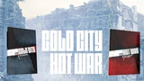 The image features two tabletop role-playing game book covers side by side, set against a faintly detailed map background. On the left, the cover for "Cold City" is predominantly black with a red stripe, while the right cover for "Hot War" has a dark red background with a white stripe across the middle. The title "COLD CITY HOT WAR" is prominently displayed in bold, white letters across the center, emphasizing the connection between the two games. The overall aesthetic conveys a sense of tension and intrigue, fitting the themes of espionage and supernatural horror.
