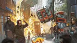 A chaotic urban street scene with a red double-decker bus and a subway train suspended in mid-air, flames erupting from the ground. Several people in modern and period clothing are scattered across the street, some running, others standing in shock. A fox with glowing eyes walks in the foreground. Buildings with brick facades and a London Underground sign are visible in the background. The text at the top reads "Underground, Overground The Case File Collection" and at the bottom "Based on the novels by Ben Aaronovitch". The top left corner includes the text "Rivers of London the Roleplaying Game".