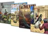 A collection of four wargaming rule booklets is displayed, showcasing their colorful covers. From left to right, the titles include "Never Mind the Matchlocks," featuring a knight and soldiers, "Valour & Fortitude," depicting a large battle scene, "Thalassa," illustrating an ancient naval battle with a ship, and "Assassins and Templars," which features characters in a historical setting. Each booklet is designed to cater to different gaming themes, from the English Civil War to Napoleonic battles and ancient naval warfare.