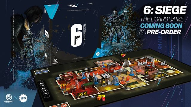 The image features the box art for the board game "6: Siege," based on Tom Clancy's Rainbow Six video game. The box displays a prominent white number "6" alongside a stylized gun graphic, with a character in tactical gear depicted in action on the right side. Below, a detailed game board is shown, featuring various colored miniatures representing players and obstacles, set against a vibrant, multi-colored background that suggests a tactical environment. The board includes marked areas and dice, emphasizing the strategic gameplay elements.