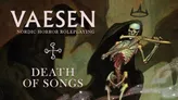 Skeletal figure in tattered cloak playing a wooden flute, standing on rocky terrain with a dark, misty background. Text reads "DEATH OF SONGS" vertically on left.