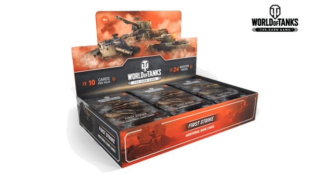 A display box for the "World of Tanks: The Card Game" features 24 booster packs, prominently labeled "FIRST STRIKE" for additional game cards. The box has a striking design with a dark background and vibrant orange accents, showcasing images of tanks and battle scenes. The "WORLD of TANKS" logo is displayed at the top, emphasizing the game's connection to the popular video game.