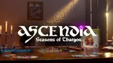 A wooden table with a board game set featuring miniature figures, cards, and terrain pieces. Stone-walled room in background with framed artwork. Text reads: "Ascendia: Seasons of Thargos."