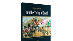 A book titled "Into the Valley of Death" from Warlord Games features a colorful cover illustration depicting a dramatic scene from the Crimean War. British and Russian soldiers are engaged in battle, with a prominent British flag and various military uniforms visible. The title and publisher's logo are displayed prominently at the top and bottom of the cover, emphasizing its connection to the Black Powder game system.