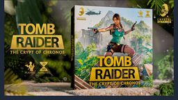 The image features the box art for the board game "Tomb Raider: The Crypt of Chronos." Prominently displayed is a dynamic depiction of Lara Croft, dressed in a teal tank top and cargo shorts, holding a gun in each hand, set against a lush, green jungle backdrop with ancient ruins. The title of the game is boldly presented in yellow text at the bottom, alongside details indicating it is designed for 1 to 4 players and has a playtime of approximately 180 minutes. The overall design conveys a sense of adventure and exploration, fitting for the Tomb Raider theme.