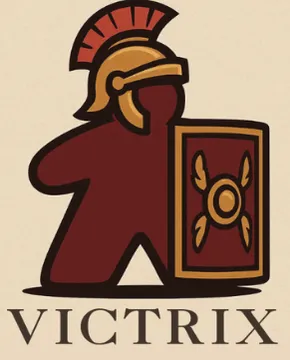 A stylized logo features a red game piece resembling a Roman soldier, complete with a golden helmet and a shield adorned with a decorative emblem. Below the figure, the word "VICTRIX" is displayed in bold, dark lettering. The background is a light beige color, enhancing the logo's vibrant elements.
