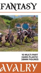 A vibrant illustration features a group of halfling cavalry figures, each mounted on horses and equipped with various weapons such as swords and lances. The left side displays a colorful, hand-drawn depiction of halfling knights, while the right side shows detailed painted models in a natural setting with grassy terrain and small buildings in the background. The text "CLASSIC FANTASY HALFLING CAVALRY" is prominently featured, along with specifications about the set.