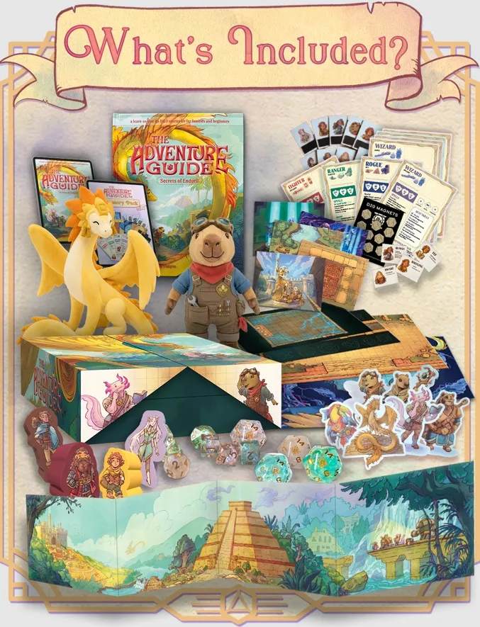 A collection of tabletop role-playing game materials spread across a light-colored surface. At the center, an open box displays a colorful illustrated map of a fantasy landscape with a tent and small figures. To the left, a book titled *The Adventure Guide: Secrets of Enduril* features an illustration of a yellow dragon and a bear-like character wearing goggles and a red bandana. Below the book, a smaller booklet titled *Adventure Pack* is visible.

In front of the box, a plush toy resembling the bear-like character sits next to a set of polyhedral dice in various colors. To the right, a stack of character class reference cards includes labels such as "Wizard," "Ranger," "Fighter," "Rogue," and "Druid." A set of illustrated tokens and small cards with images of characters and items are scattered around. A small booklet titled *GM Screen* is partially visible, along with a deck of cards labeled *000 Magnets* and other game aids.