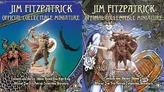 Two collectible miniatures are displayed side by side, each featuring distinct artwork and design. On the left, a sculpted figure of Nuada the High King stands prominently, showcasing intricate details and a shield, set against a vibrant blue background with Celtic motifs. On the right, another miniature is depicted, featuring a warrior with a sword, surrounded by rich colors and patterns that reflect Jim Fitzpatrick's artistic style, with text indicating it contains one hero from the official collection.