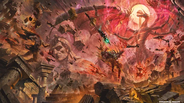 Giant stone head, crumbling ruins, fiery sky, dragon-like creature, armored figure with spear.