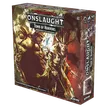A box for the "Dungeons & Dragons Onslaught: Tomb of Horrors - Maps & Monsters Expansion" features dramatic artwork depicting a menacing demilich and various monstrous figures. The box is predominantly dark with splashes of color, showcasing intricate details of the characters and elements from the dungeon. The title "ONSLAUGHT" is prominently displayed at the top, along with the subtitle and branding for Wizkids.