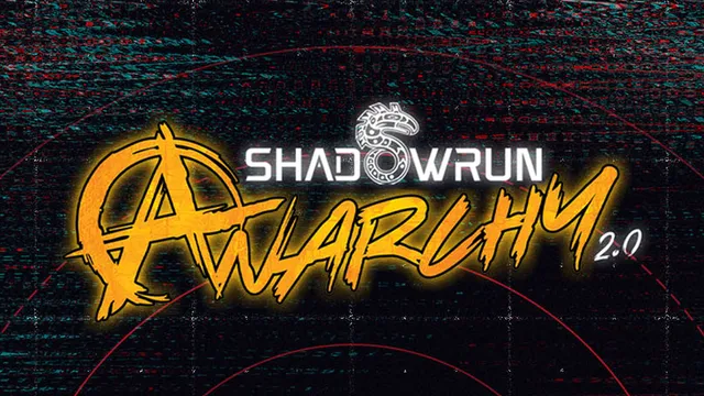 The image features the title "SHADOWRUN: ANARCHY" prominently displayed in a stylized font. The word "SHADOWRUN" is in white, while "ANARCHY" is rendered in a vibrant yellow with a dynamic, graffiti-like design. A dragon emblem is integrated into the design, adding to the cyberpunk and fantasy aesthetic. The background is dark with subtle textures, enhancing the overall edgy and futuristic vibe of the artwork.