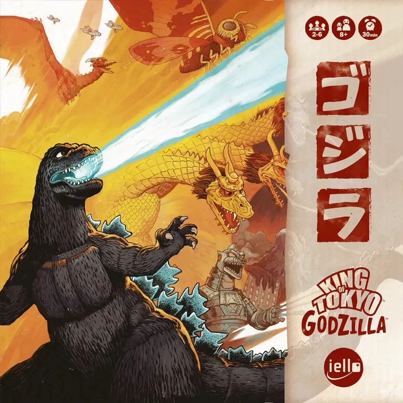 A dynamic illustration features Godzilla prominently in the foreground, unleashing a powerful atomic breath. Behind him, King Ghidorah soars with its three heads, while Mothra and Rodan are depicted in flight above. The game's title, "King of Tokyo Godzilla," is displayed prominently, along with the IELLO logo and player information in the top corner. The background is filled with vibrant colors, creating an intense atmosphere of battle among the iconic Kaijus.
