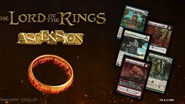 The image features several character cards from the upcoming Lord of the Rings: Ascension deckbuilding game. Prominent cards include "Samwise Gamgee," "Gandalf the Grey," "Gollum, Riddle Maker," "Legolas Greenleaf," and "Barrow-wight," each showcasing unique artwork and attributes. The background includes a stylized representation of The One Ring, with the game's title "Lord of the Rings: Ascension" displayed prominently at the top.