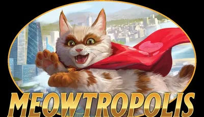 A playful, animated cat with a fluffy coat and large, expressive eyes is depicted wearing a bright red superhero cape, mid-leap against a backdrop of a bustling city skyline. The cat's joyful expression suggests excitement and determination, embodying the spirit of a superhero. Below the cat, the word "MEOWTROPOLIS!" is prominently displayed in bold, golden letters, emphasizing the vibrant theme of the setting.