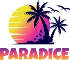A vibrant logo for "Paradice" features a stylized sunset with a gradient of yellow to pink, set against a dark blue silhouette of palm trees. The word "PARADICE" is prominently displayed in bold, colorful letters at the bottom, blending shades of pink and orange. The overall design evokes a tropical and inviting atmosphere, perfect for a board game convention.