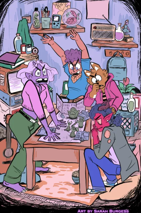 A colorful illustration depicts a group of four young characters gathered around a table cluttered with Dungeons & Dragons materials, including a map and miniatures. The characters display a range of emotions: one character with purple hair looks shocked, another with blue hair raises their hands in excitement, while a third character, a cat-like figure, appears curious. The background features a cozy room filled with various items like books, a vintage television, and plants, creating a lively and inviting atmosphere for gaming.