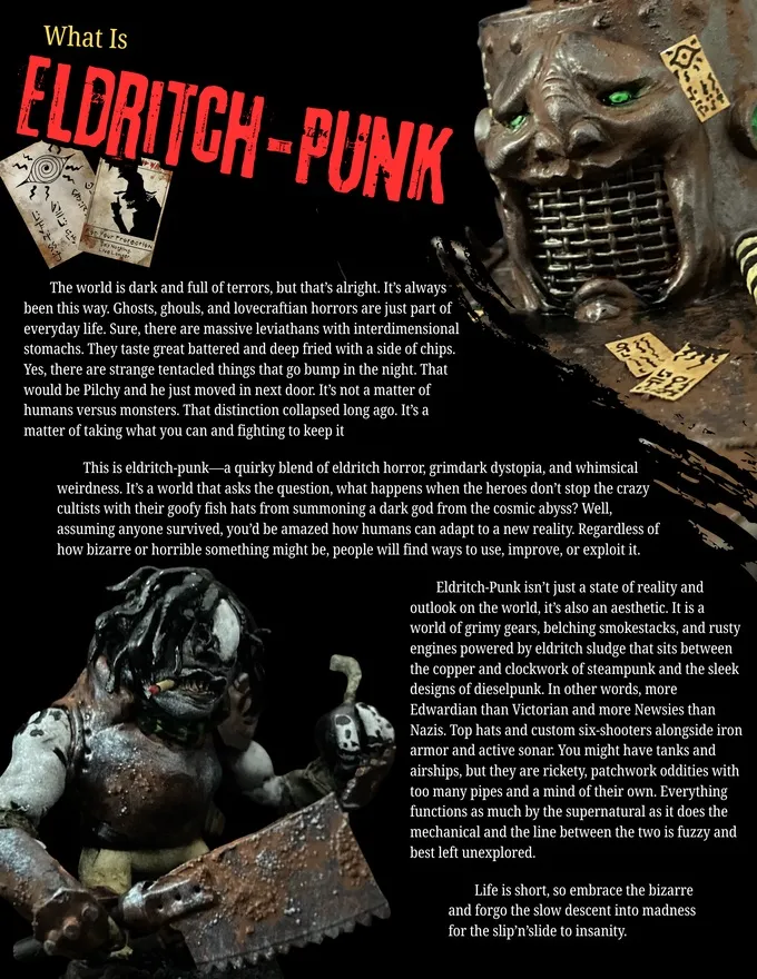 "Eldritch-Punk" in red text, two monstrous figures, and scattered papers with symbols.