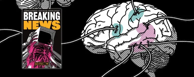 Illustrated brain with colored regions and stitch-like lines on black background