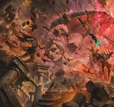 Giant stone head, crumbling ruins, fiery sky, dragon-like creature, armored figure with spear.
