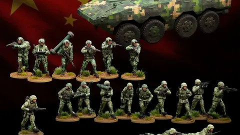 A collection of miniature figures representing China's People's Liberation Army (PLA) is displayed against a backdrop of the Chinese flag. The set includes various contemporary infantry soldiers in camouflage uniforms, special operations troops, and unmanned ground vehicles (UGVs). A prominently featured armored vehicle is also present, alongside soldiers in different poses, some standing with weapons, others in prone positions, and two quadruped UGVs positioned on the ground.