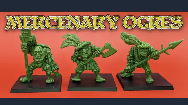 Three green ogre miniatures stand on black bases against a vibrant orange background. Each ogre has a distinct pose: the leftmost holds a staff, the center ogre wields an axe, and the rightmost brandishes a spear. They are adorned with details reminiscent of classic oldhammer styles, featuring exaggerated facial features and playful, dynamic designs. The text "MERCENARY OGRES" is prominently displayed above them in a bold, stylized font.