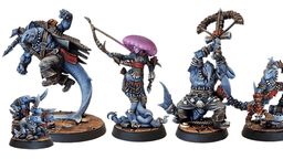 A collection of miniatures from the Voidsea campaign features a variety of fantastical characters. On the left, a large, muscular humanoid figure with blue skin and a rugged outfit stands in a dynamic pose. Next to it, a slender, dark-skinned character with a jellyfish-like head holds a weapon, adorned in tattered clothing. To the right, a small, blue creature with a mischievous expression stands on a wooden base, while another figure with a claw and a menacing stance completes the lineup. The miniatures are intricately detailed, showcasing a mix of pirate and eldritch themes.