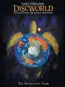 A giant golden turtle carrying a blue globe with continents, stars, and a red sun. Text: "Discworld Adventures in Ankh-Morpork".