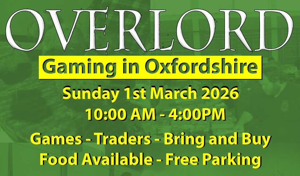 A promotional graphic for the Overlord Wargaming show features bold text on a vibrant green background. The title "OVERLORD" is prominently displayed at the top, followed by details about the event, including the date—Sunday, 1st March 2020—and the time—10:00 AM to 4:00 PM. Additional information highlights activities such as games, traders, a bring-and-buy sale, and mentions that food will be available along with free parking.
