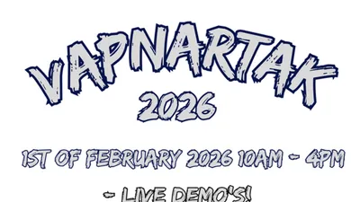 The text features the title "VAPNARTAK 2026" in a bold, stylized font, emphasizing the event's name. Below, it states the date as "1st of February 2026" along with the time "10AM - 4PM." Additional details highlight the presence of live demonstrations, suggesting an engaging atmosphere for attendees.