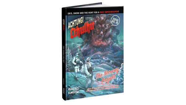 A hardcover book titled "Achtung! Cthulhu: The Norway Projekt" features a dramatic cover illustration depicting a snowy landscape with two figures in winter gear, one holding skis. In the background, a colossal, monstrous figure looms ominously, surrounded by swirling clouds and a starry sky. The top of the cover includes the tagline "Skis, snow and the hunt for a Nazi superweapon!" along with the issue number and publisher details.