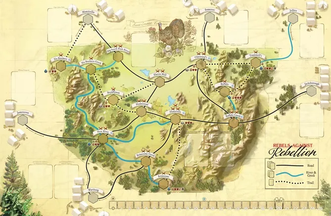 A map of Scott County, Tennessee with locations, rivers, and roads.