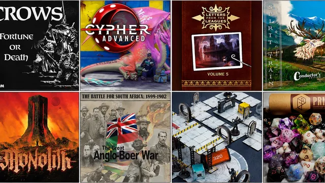 Four tabletop game covers: Cypher Advanced, Letters from the Leagues Volume 5, The Battle for South Africa, and a sci-fi board.