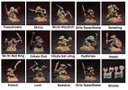 A collection of painted miniature figures, each depicting various goblin-like characters in dynamic poses. The figures are displayed in a grid format, showcasing their unique weapons and features, such as staffs, slings, and clubs. The background is dark, highlighting the detailed paintwork and textures of each miniature, with names labeled beneath each figure.