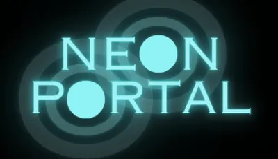 The image features the text "NEON PORTAL" in a glowing, turquoise font against a dark background. The letters are stylized, with circular elements surrounding the text, creating a dynamic and modern look. The overall design conveys a sense of energy and excitement, fitting for a gaming event.