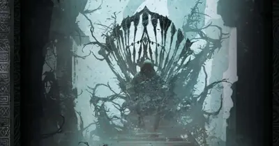 Dark throne of thorns with shadowy figures below. Text: "The Throne of Thorns III THE HAUNTED WASTE | DAVOKAR AWAKENS"