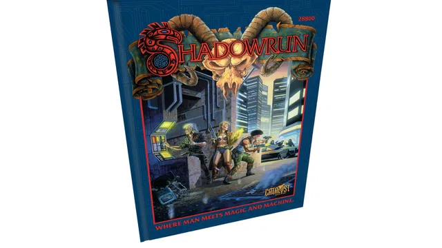 A vibrant cover of the "Shadowrun: First Edition: Anniversary Reproduction" book features a dramatic illustration of a cyberpunk scene. In the foreground, three characters—a woman with a futuristic outfit and weapons, a man with cybernetic enhancements, and another character wielding a firearm—are depicted in an urban environment filled with neon lights and towering buildings. The title "SHADOWRUN" is prominently displayed at the top, accompanied by the tagline "WHERE MAN MEETS MAGIC AND MACHINE" at the bottom, all set against a blue background with intricate circuit patterns.