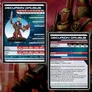 Alt-text:
A tabletop gaming character card for "Decurion Drusus" showing a painted miniature of a futuristic warrior in red, gold, and black armor holding a sword and a chain gun. The card displays stat blocks with headers "AS," "SH," "ST," "T," "W," "CD," "SZ," "MV," and "CAL," each with numerical values beneath. Below these, weapon profiles for "Force Gladius" and "Chain Gun" list ranges labeled "CC," "SHORT," "MED," "LONG," and "EXT" with corresponding attack values. The right side of the card lists equipment ("Force Gladius, Chain Gun") with costs under "CAL0" to "CAL3," and special rules including "High Morale (+1)," "Heavy Armour (+1)," "Immune to Panic," "Neural Spike," and "Cannot Evade." In the background, blurred painted miniatures of similar sci-fi warriors are visible.