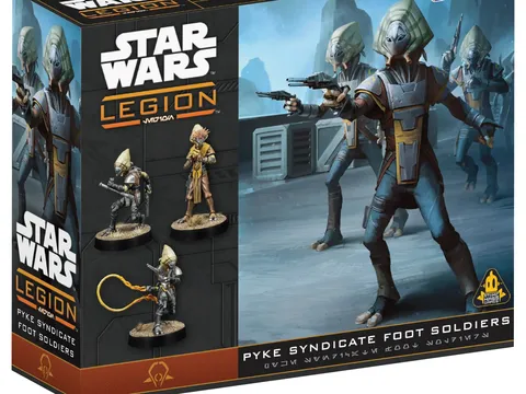 Star Wars Legion boxed set featuring Pyke Syndicate Foot Soldiers. Four miniatures in combat poses: one central figure in armored suit with helmet and blaster rifle, three smaller figures in varied armor. Background shows industrial setting with machinery.