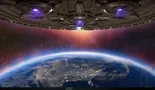 A large, futuristic alien spacecraft hovers above Earth, with intricate mechanical details visible on its underside. Below, the planet's surface is illuminated by city lights, showcasing a mix of land and water, while the atmosphere transitions from blue to a vibrant gradient of orange and purple in the background. The scene conveys a sense of impending conflict, emphasizing the tension between Earth and its alien invaders.
